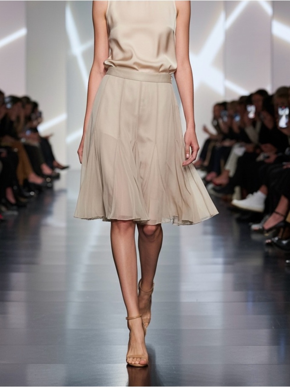 Tintoretto 100% Silk Gored Midi Skirt | Champagne Beige | Size XL/14